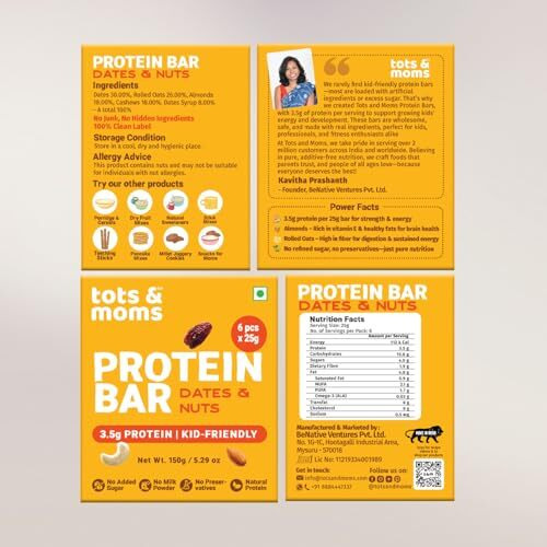 Tots & Moms Natural Protein Bars For Kids - Dates, Nuts & Cranberries, Pack Of 2 | 3.5G Protein Per Bar | Rich In Fiber | Sweetened With Dates | (25G X 6) 150G - Each