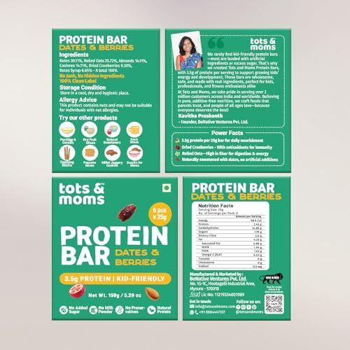 Tots & Moms Natural Protein Bars For Kids - Dates, Nuts & Cranberries, Pack Of 2 | 3.5G Protein Per Bar | Rich In Fiber | Sweetened With Dates | (25G X 6) 150G - Each