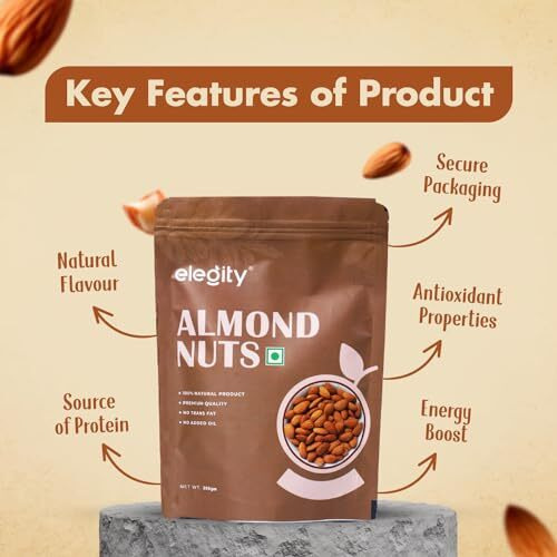 Elegity 100% Natural Plain California Almonds Pouch 250 Gm | Nutritious & Delicious Badam | High In Fiber & Boost Immunity | Rich In Protein, Tasty Nuts | No Preservatives Added In Dry Fruit
