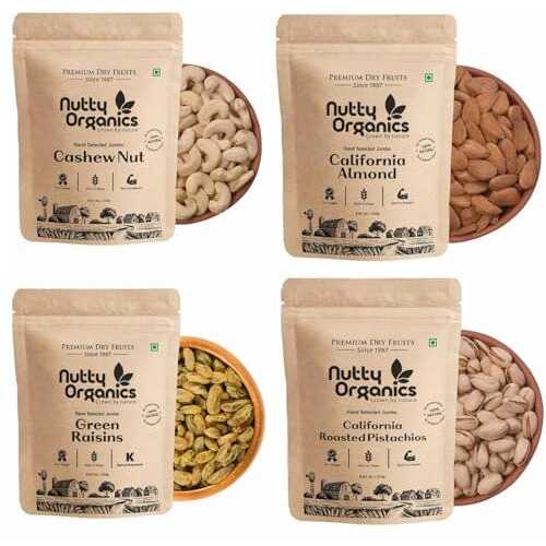 Nutty Organics, Whole Cashew, California Almonds, Pistachio, Green Raisins - 250 Gm Each (Total - 1000Gm) | High In Antioxidants, Naturally Sweet & Tasty No Refined Sugar Rich In Nutrients Health Benefits Boost Immunity Healthy Snack Option.