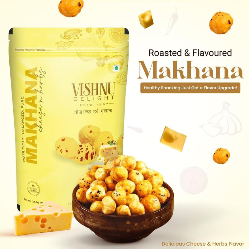 Vishnu Delight Flavoured Cheese & Herbs Organic Makhana Jar, 60G Each Pack Of 4 - Nutritious, Tasty, And Sustainably Sourced Fox Nut Snack