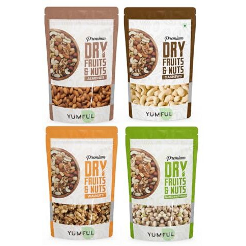 Yumful Dry Fruits Combo Pack Of 4-400G (100G Each) | Healthy Almonds, Cashews, Salted Pistachios & Walnuts | Badam, Kaju, Pista, Akhrot | Delicious And Nutritious Snack