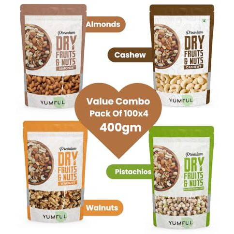 Yumful Dry Fruits Combo Pack Of 4-400G (100G Each) | Healthy Almonds, Cashews, Salted Pistachios & Walnuts | Badam, Kaju, Pista, Akhrot | Delicious And Nutritious Snack