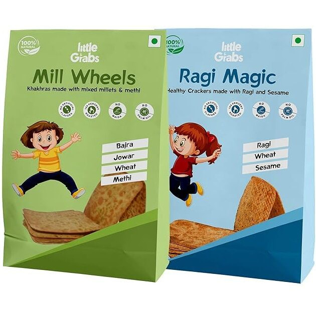 Little Grabs - 2 Flavour(Jowar + Ragi) Khakhra Snack 100Gm Each (Pack Of 4) | 100% Natural | No Palm Oil & Maida | Hand Roasted | Healthy Khakhra For Kids & Adults | Organic Cold-Pressed Sunflower Oil