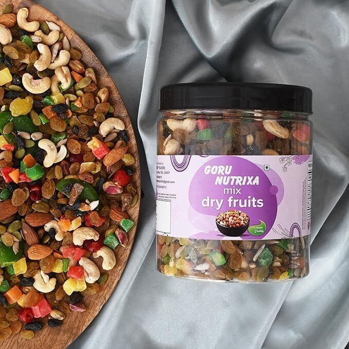 Goru Nutrixa Premium Trail Mix 250Gm | Healthy Mixed Nuts With Dry Fruits Panchmeva | Apricot, Sunflower, Pumpkin Seeds, Almond, Cashews, Mix Fruits, Dates, Black & Green Raisins
