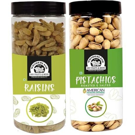 Wonderland Foods 1Kg (500G X 2) Premium Dry Fruits Combo Pack Of Roasted Salted Pistachios & Green Raisin Jar