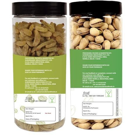 Wonderland Foods 1Kg (500G X 2) Premium Dry Fruits Combo Pack Of Roasted Salted Pistachios & Green Raisin Jar
