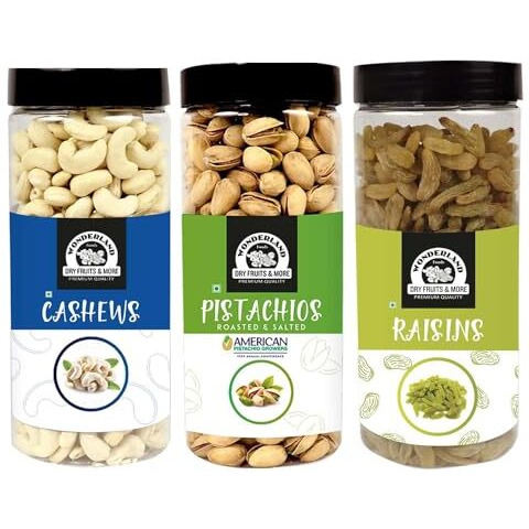 Wonderland Foods 1.5Kg (500G X 3) Premium Dry Fruits Combo Pack Of Roasted Salted Pistachios, Raw Cashew & Green Raisin Jar