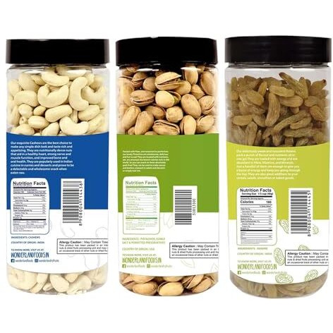 Wonderland Foods 1.5Kg (500G X 3) Premium Dry Fruits Combo Pack Of Roasted Salted Pistachios, Raw Cashew & Green Raisin Jar