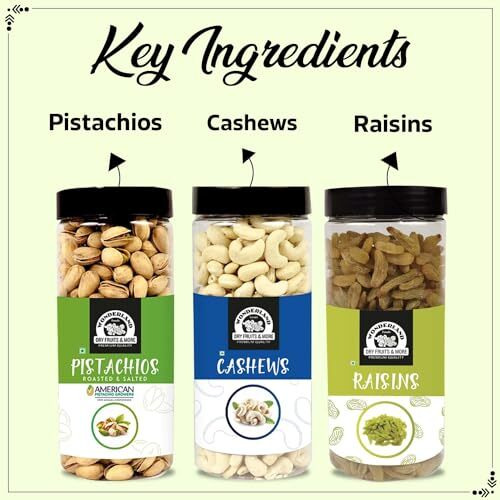 Wonderland Foods 1.5Kg (500G X 3) Premium Dry Fruits Combo Pack Of Roasted Salted Pistachios, Raw Cashew & Green Raisin Jar