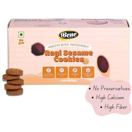 Bene Ragi Sesame Millet Cookies | No Gluten| No Wheat | No Preservatives | No Refined Sugar | High Calcium & Fiber Biscuits For Women & Kids | Made With Ragi, Jowar, Jaggery & Ghee | Healthy Snack | 1 Pack 80G