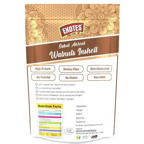 Exotes Premium Dry Fruits Inshell Walnut Sabut Akhrot Pack Of 2X250G, Natural, 500 Gram