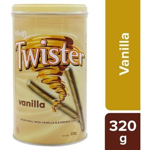 Delfi Twister Wafer Rolls Filled With Delicious Smooth Vanilla Flavoured Cream 320G Tin