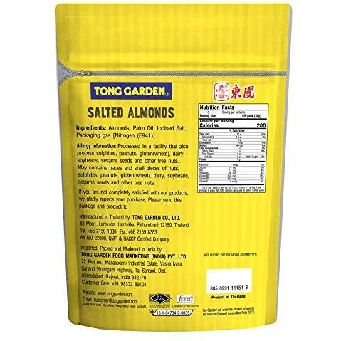 Tong Garden Imported Salted Almonds 140 Gm | Salted Badam | Healthy Crunchy Nuts & High Protein Snack | Packed With Vitamins & Minerals | Real Nuts - (Packs Of 2)