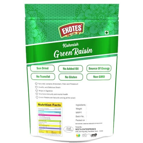 Exotes Indian Green Raisins (Kishmish) Long Size And Sweet , 2 X 250 G