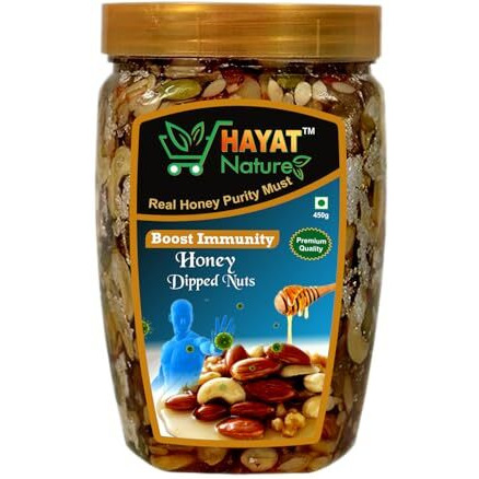 Hayat Nature Honey Multi Flora Mixed Dry Fruits And Nuts, Roasted And Crunchy With 100% Immunity & Energy Booster, Zero Chemicals & Preservatives. Pure And Natural Dry Fruits & Dipped In Organic Honey 450G