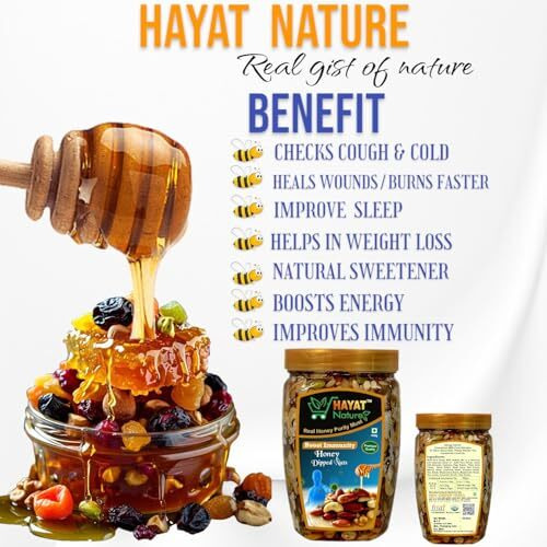 Hayat Nature Honey Multi Flora Mixed Dry Fruits And Nuts, Roasted And Crunchy With 100% Immunity & Energy Booster, Zero Chemicals & Preservatives. Pure And Natural Dry Fruits & Dipped In Organic Honey 450G