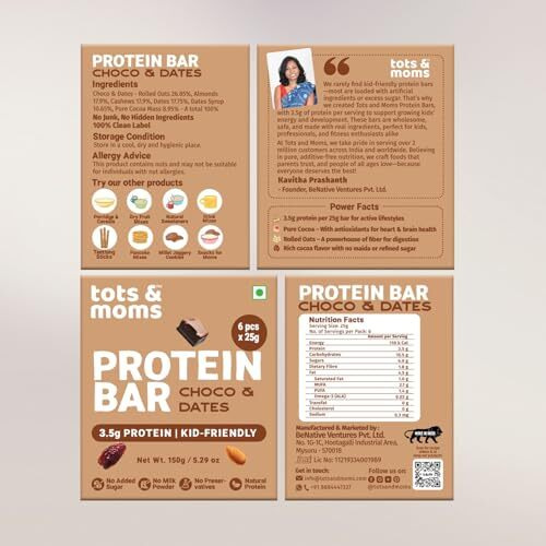 Tots & Moms Nutritious Protein Bars For Kids  Choco Flavored Dates & Nuts, Pack Of 2 | 3.5G Protein Per Bar | Cocoa For Antioxidants & Oats For Fiber | No Refined Sugar Or Additives | (25G X 6) 150G - Each