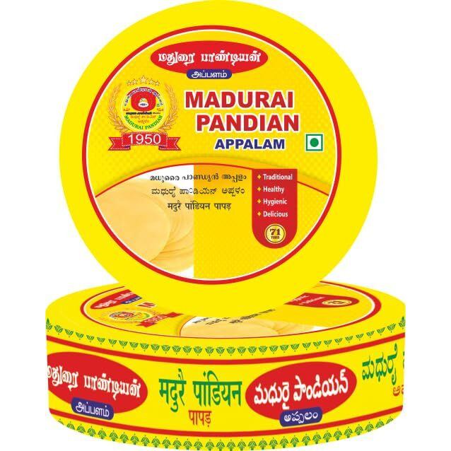 Madurai Pandian Plain Flavor South Indian Papad - Pack Of 6 X 200Gm (1200 Gm) - (Big Size - 3.75 Inch)