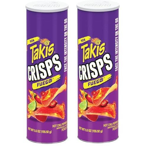 Takis Crisps Fuego Potato Crisps, Hot Chili Pepper And Lime Artificially Flavored, 5.5 Ounce Canister 2 X 155G