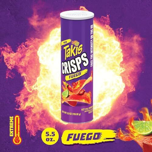 Takis Crisps Fuego Potato Crisps, Hot Chili Pepper And Lime Artificially Flavored, 5.5 Ounce Canister 2 X 155G