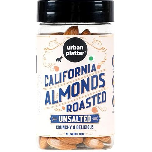 Urban Platter Roasted Unsalted California Almonds, 100G (Premium California Almonds , Rich In Fiber & Protein , Add To Fruit Salads , Oatmeal , Mueslis , Trail Mixes , Desserts , Ice Creams, Baked Goods, Travel-Friendly Pack)