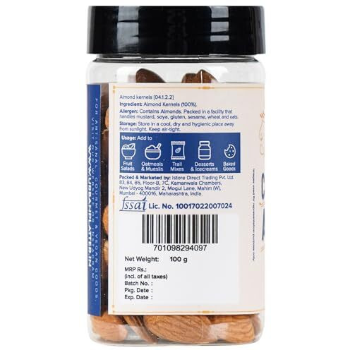 Urban Platter Roasted Unsalted California Almonds, 100G (Premium California Almonds , Rich In Fiber & Protein , Add To Fruit Salads , Oatmeal , Mueslis , Trail Mixes , Desserts , Ice Creams, Baked Goods, Travel-Friendly Pack)