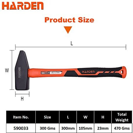 Harden 300 Gms Professional Machinist Hammer With Fiberglass Handle - Forged Fine Grain Steel Head - 590033