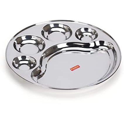 Sumeet Stainless Steel Round 5 In 1 Compartment Lunch/Dinner Plate 1Pc, 34Cm Dia, Silver