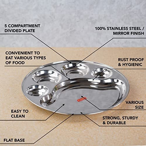 Sumeet Stainless Steel Round 5 In 1 Compartment Lunch/Dinner Plate 1Pc, 34Cm Dia, Silver