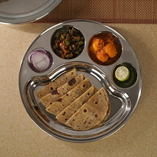 Sumeet Stainless Steel Round 5 In 1 Compartment Lunch/Dinner Plate 1Pc, 34Cm Dia, Silver