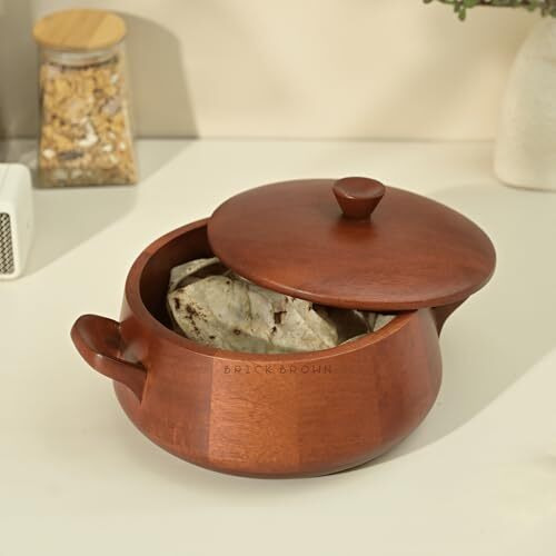 Brick Brown  Handcrafted Wooden Handi Roti Box Mahogany Finish | Chapati Box For Kitchen | Hot Pot Casserole For Roti Server Tableware Serving | Case Roti Dabba With Lid (10.7  8.8  5.6 In)