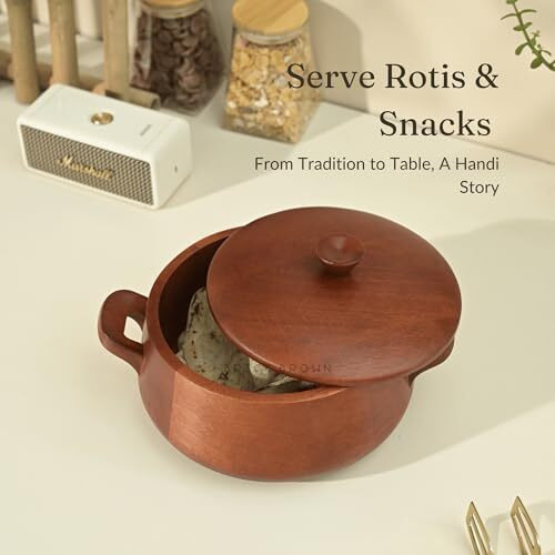 Brick Brown  Handcrafted Wooden Handi Roti Box Mahogany Finish | Chapati Box For Kitchen | Hot Pot Casserole For Roti Server Tableware Serving | Case Roti Dabba With Lid (10.7  8.8  5.6 In)