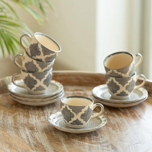 Exclusivelane 'Moroccan Essentials' Ceramic Tea Cup And Saucer Set Of 6 (120 Ml, Microwave Safe, Handpainted)| Ceramic Cups And Saucers Set Of 6 For Tea Cup With Saucer Chai Cup