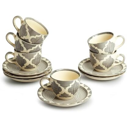 Exclusivelane 'Moroccan Essentials' Ceramic Tea Cup And Saucer Set Of 6 (120 Ml, Microwave Safe, Handpainted)| Ceramic Cups And Saucers Set Of 6 For Tea Cup With Saucer Chai Cup