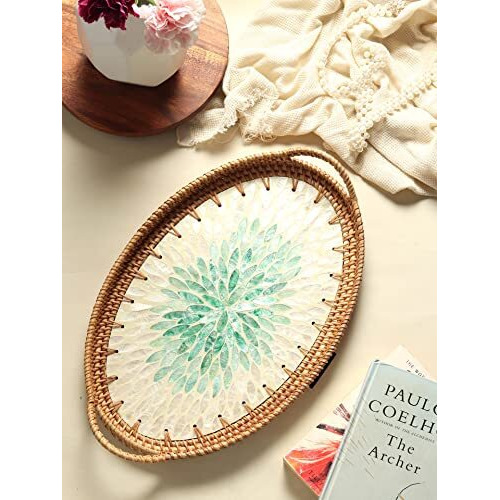 Habere India-All The Cultures Fabricating India Trays For Serving | Serving Tray | Wooden Serving Tray | Tea Tray | Wooden Tray For Decoration | Decorative Tray | Ceramic Tray - Oval (S - 34X24X3 Cm)