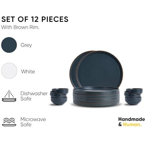 Shay Ceramic Modern Dinner Set, 12 Pcs, Grey & White | Crockery Set | Ceramic Plate Set | Matte Finish | Plates And Bowls (Japandi Dinner Set - Grey & White, 12 Piece)