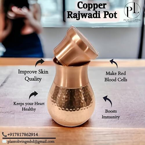 Planto Living Hammered Finish Pure Copper Water Pot With Lid For Drinkware Improve Your Immunity Brain Nervous System & Healthy Skin 550 Ml