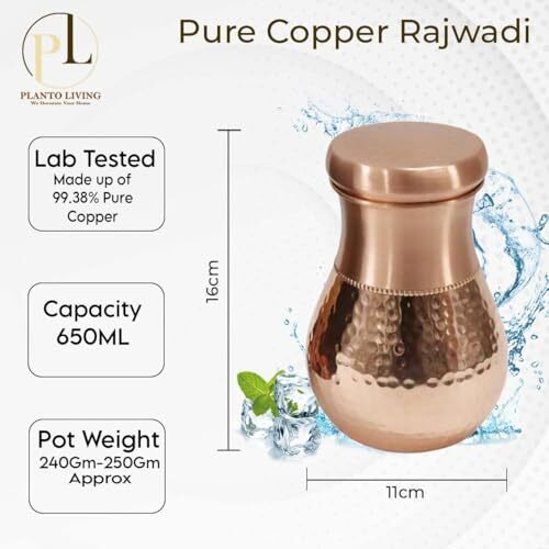 Planto Living Hammered Finish Pure Copper Water Pot With Lid For Drinkware Improve Your Immunity Brain Nervous System & Healthy Skin 550 Ml