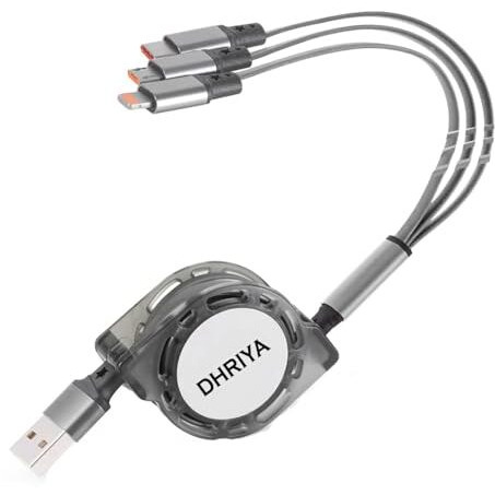 Dhriya Multi Usb Charger Cable Retractable 3 In 1 Multiple Charging Cord Adapter With Mini Type C Micro Usb Port Connectors Compatible With Cell Phones Tablets Universal Use (3.3Ft/Gray)