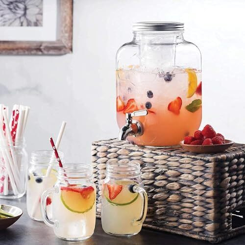 Jinelza 4 Litre Glass Iced Drink Dispenser With Tap, Steel Lid Cold Beverage Dispenser For Beer, Water, Cocktails, Drinks Clear Glass, Perfect For Parties & Events Detox Dispenser 4 Ltr, 1 Pcs
