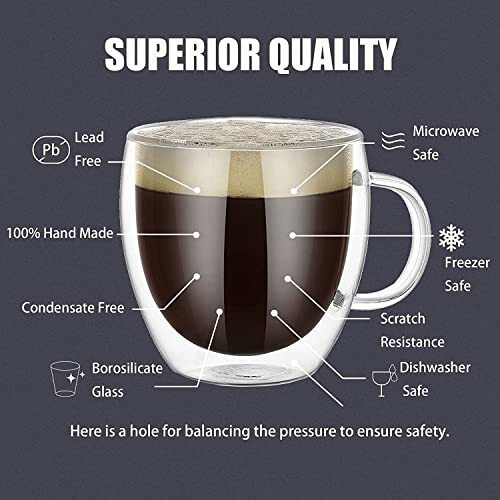 Zroy Enterprise Coffee Mugs Set Of 6 250 Ml Double Walled Coffee Mug & Tea Mug Light Weight Coffee Cups, Insulated Coffee Mug With Handle Ideal Glass Set For Daily Use (6, 250)