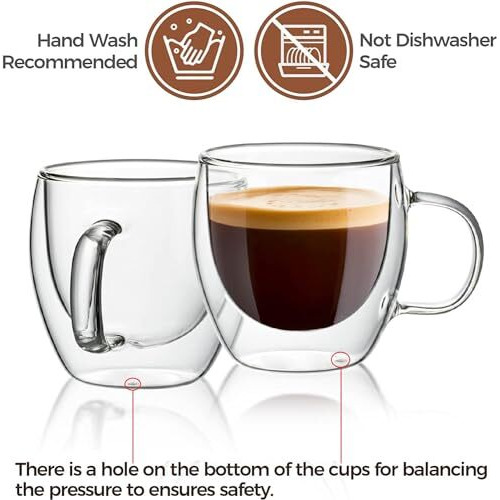 Zroy Enterprise Coffee Mugs Set Of 6 250 Ml Double Walled Coffee Mug & Tea Mug Light Weight Coffee Cups, Insulated Coffee Mug With Handle Ideal Glass Set For Daily Use (6, 250)