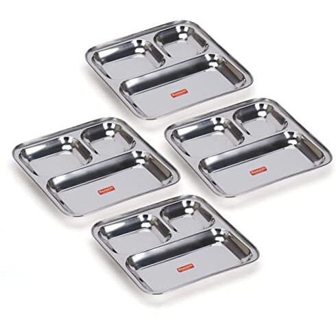 Sumeet Stainless Steel 3 In 1 Idli Wada Compartment Plate/Snack Plate/Breakfast Plate Set Of 4Pcs, 21.7Cm Dia, Silver