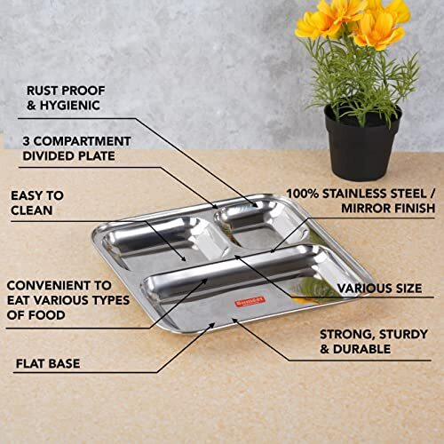 Sumeet Stainless Steel 3 In 1 Idli Wada Compartment Plate/Snack Plate/Breakfast Plate Set Of 4Pcs, 21.7Cm Dia, Silver