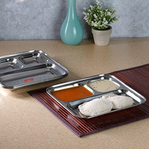Sumeet Stainless Steel 3 In 1 Idli Wada Compartment Plate/Snack Plate/Breakfast Plate Set Of 4Pcs, 21.7Cm Dia, Silver