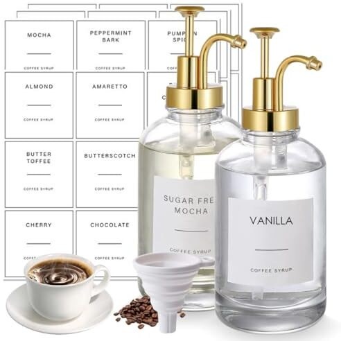 Supvox 2Pcs Coffee Syrup Dispenser 16Oz Glass Syrup Pump Dispenser With Silicone Funnel & Lable Stickers Maple Syrup Dispenser Syrup Bottle For Coffee Bar, Kitchen