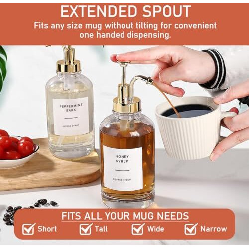 Supvox 2Pcs Coffee Syrup Dispenser 16Oz Glass Syrup Pump Dispenser With Silicone Funnel & Lable Stickers Maple Syrup Dispenser Syrup Bottle For Coffee Bar, Kitchen