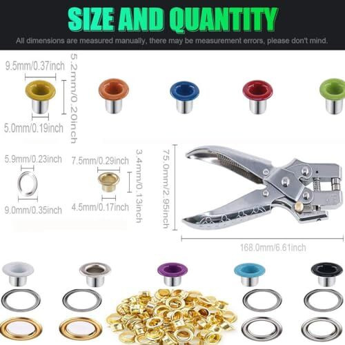 Diy Craft 1000, Ulti-Color Metal Eyelets Washer Grommets Kit Hole Punch Plier Gold/Silver Eyelets Washer Kit For Leather, Canvas, All Fabrics Clothes, Shoes, Belts, Bags, Contain Grom(1000)