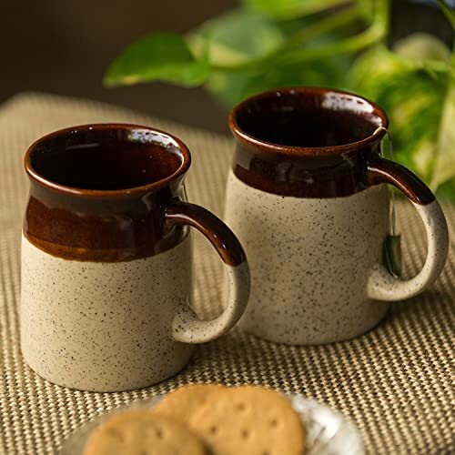 Exclusivelane 'Cocoa Rims' Studio Pottery Ceramic Coffee Mug Ceramic Set Of 2 (Microwave Safe, 320 Ml)|Ceramic Coffee Mugs Ceramic Coffee Mug Set Tea Mugs For Coffee Mugs Set Of 2 Ceramic Tea Mug